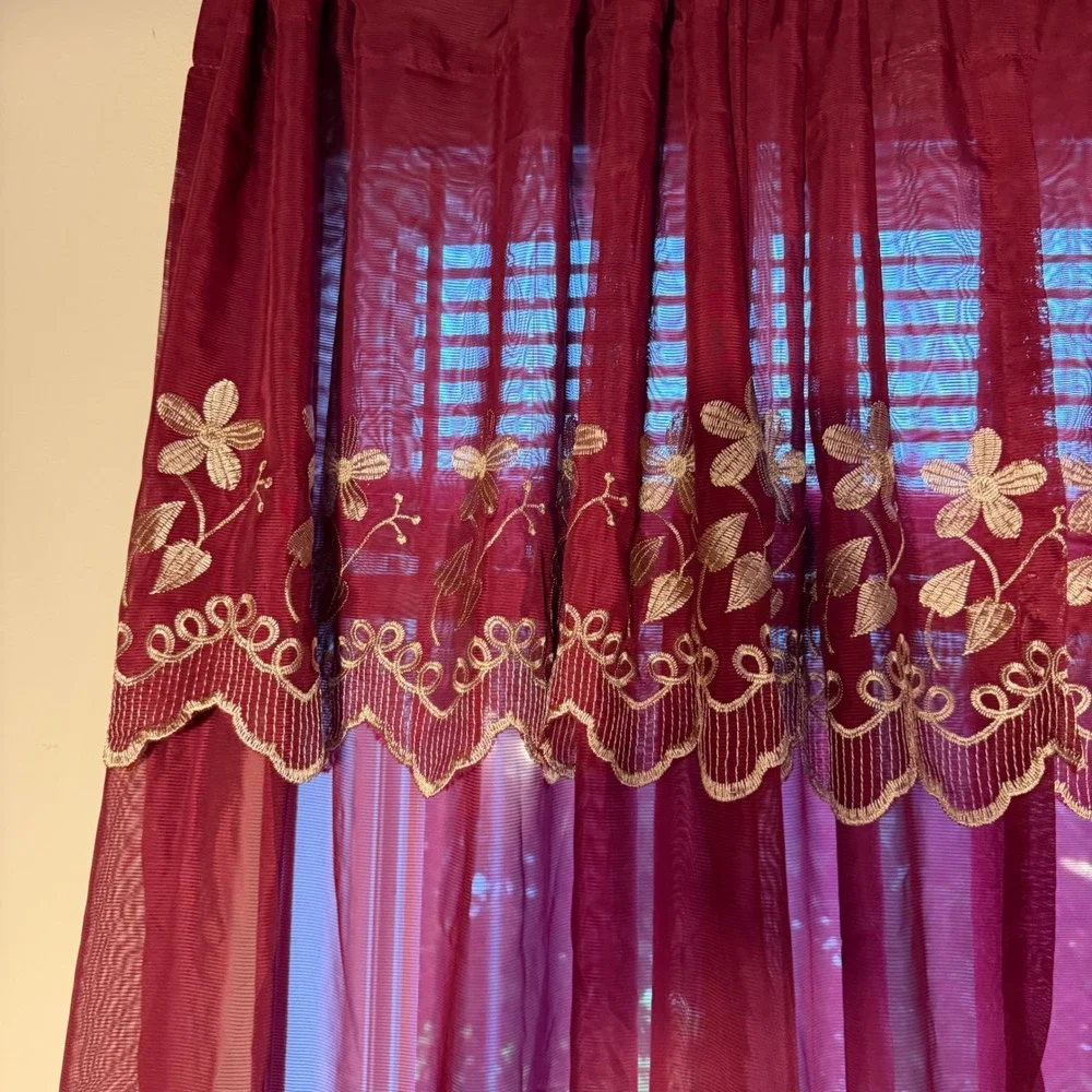 Vtg Burgundy Sheer Embroidered Curtains Set of 2 Lace Window Panels 66.5